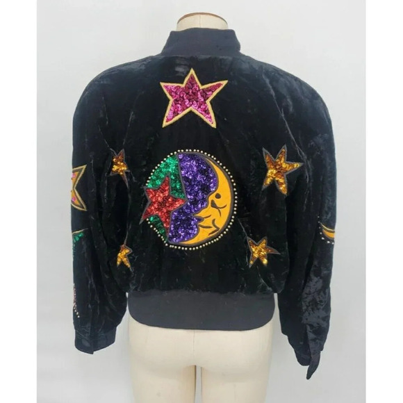 90's Escada Vintage Black Velvet Embellished Moon & Stars Bomber Jacket Size 36 - Picture 5 of 15